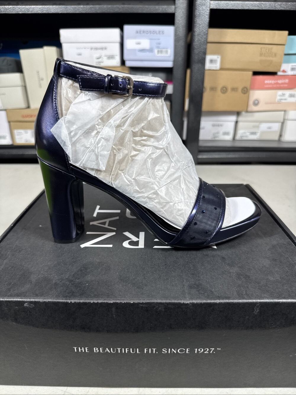 Women 9.5 Naturalizer Joy Ankle Strap Heeled Dress Sandal Midnight Blue Mesh